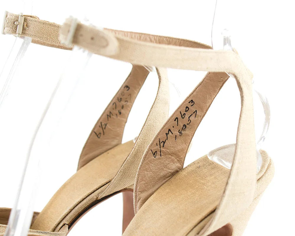 1940s Linen Cutwork Peep Toe Platform Heels | size US 6.5