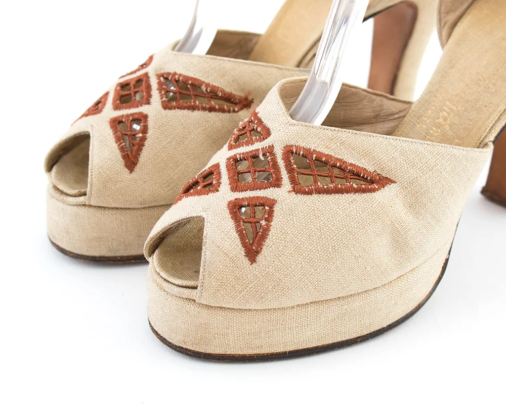 1940s Linen Cutwork Peep Toe Platform Heels | size US 6.5
