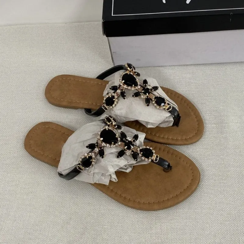 Amozae  2022 Trendy Summer Women's Shoes Large Size Beautiful Crystal Shiny Flat With Female Sandals  Bohemia Back Strap Footwear