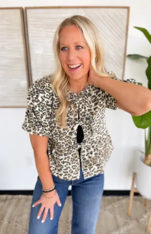 Animal Print Front Bow Tie Peplum Blouse