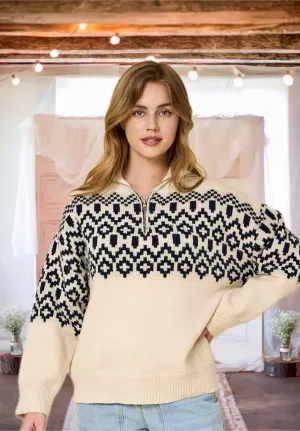 Aspen Dreams Half Zip Sweater in Ivory and Navy