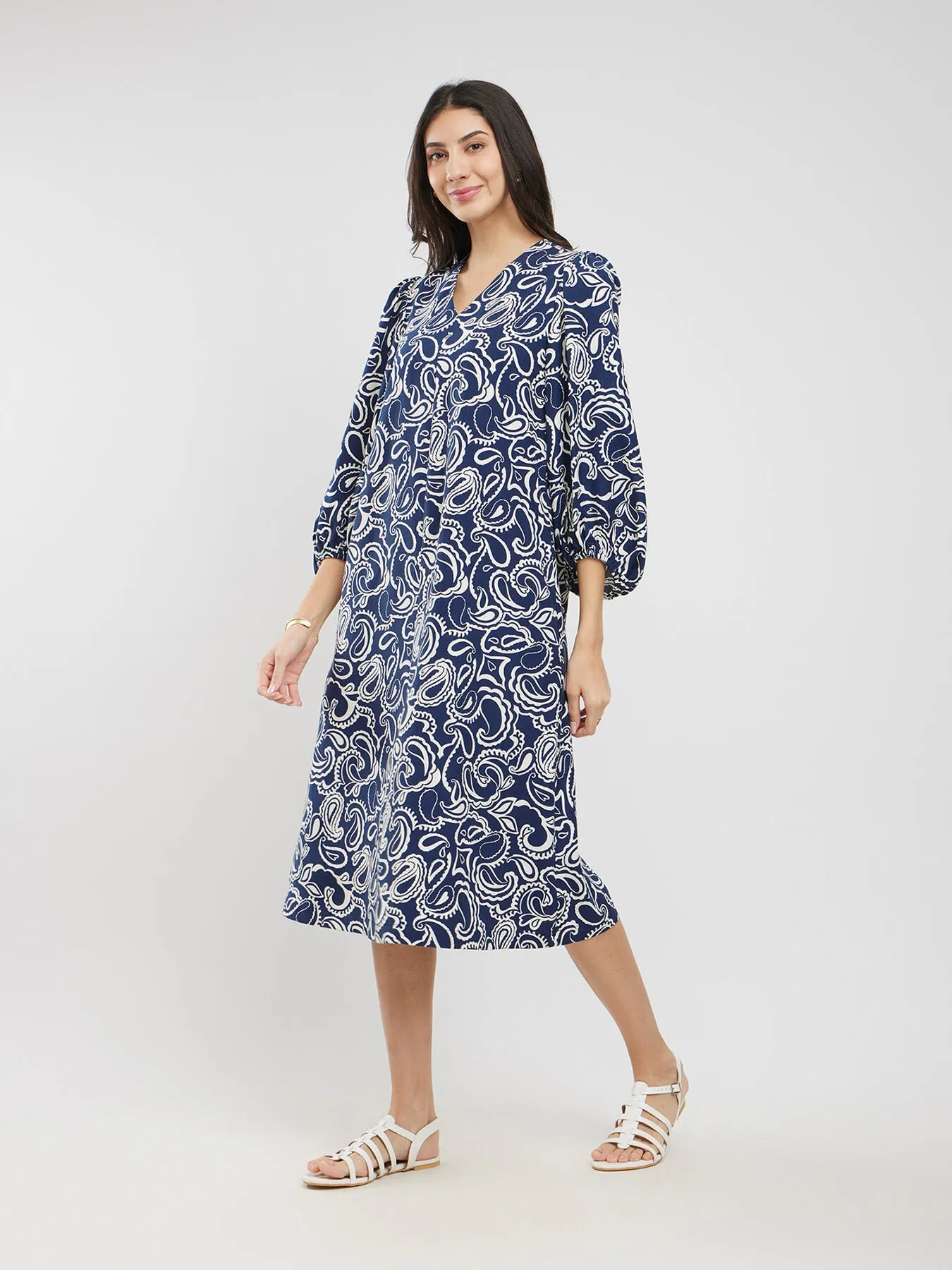 Cotton Paisley A-Line Dress - Navy Blue