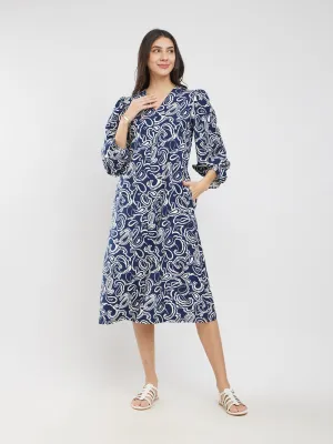 Cotton Paisley A-Line Dress - Navy Blue