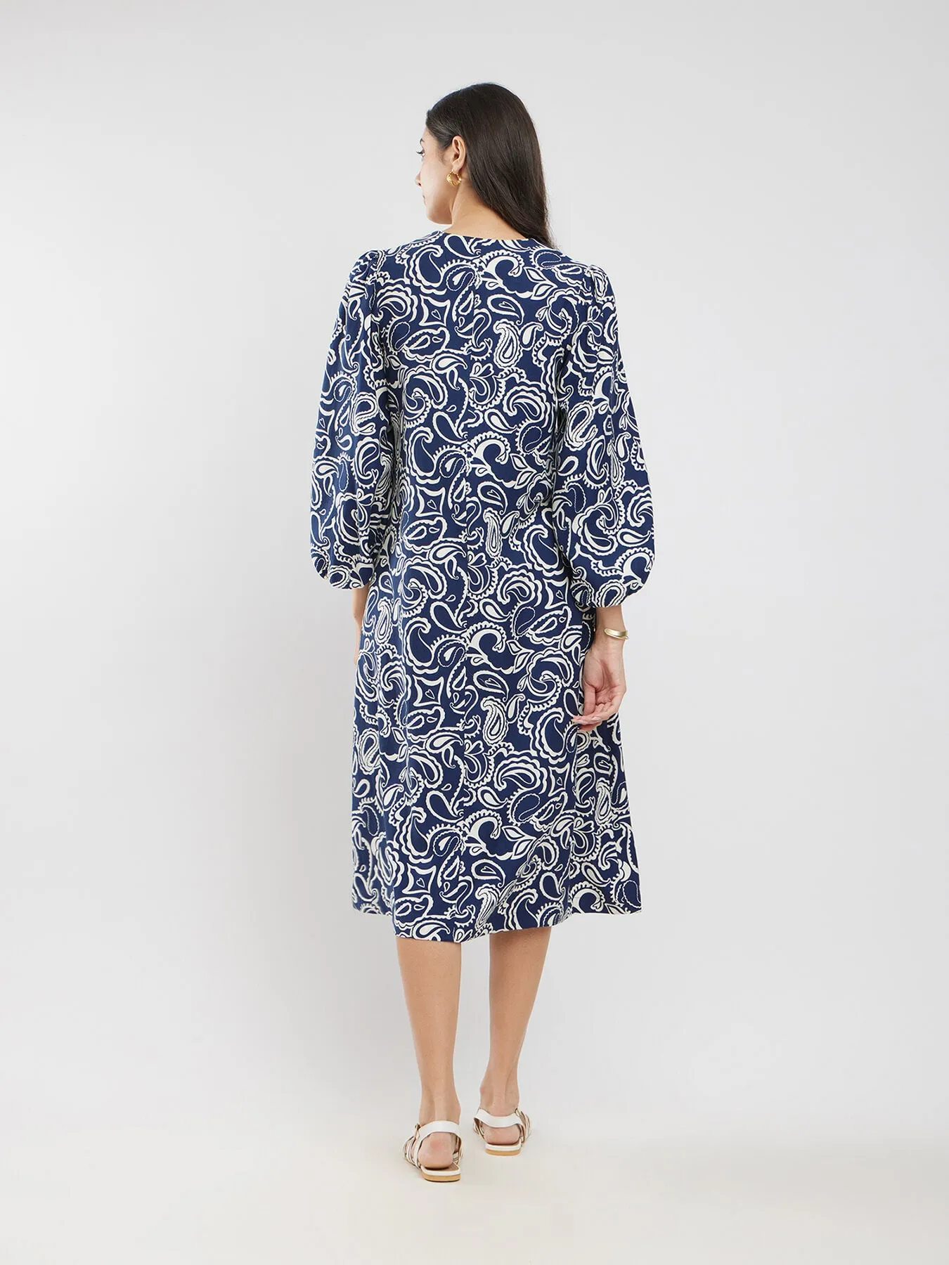 Cotton Paisley A-Line Dress - Navy Blue