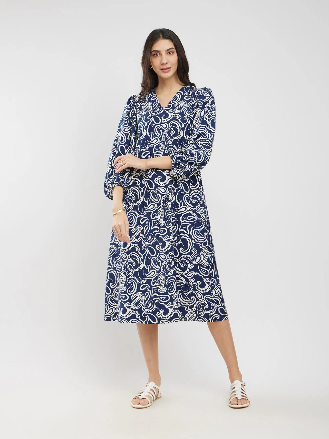 Cotton Paisley A-Line Dress - Navy Blue