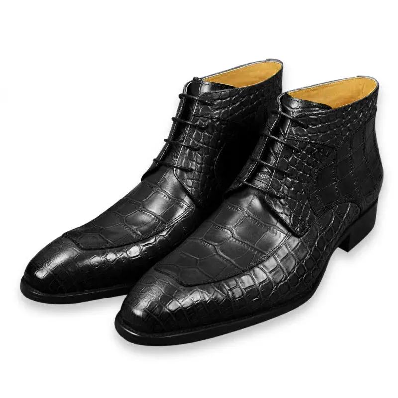 Crocodile Skin Pattern Leather Mid-Calf Boots