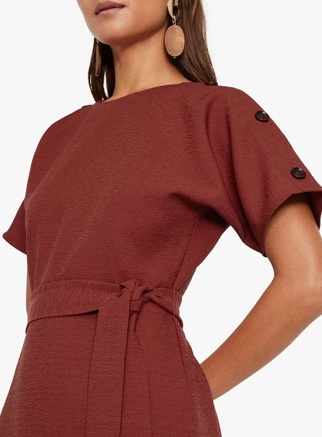 Ex Warehouse Rust Tie Waist Textured Crinkle Dress