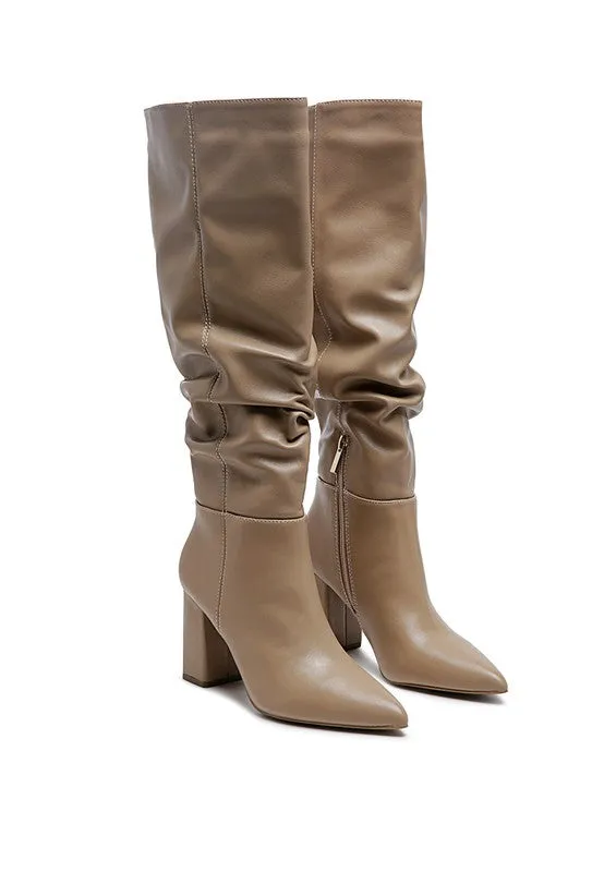 Hanoi Knee High Pointy Toe Block Heel Slouch Knee Boots