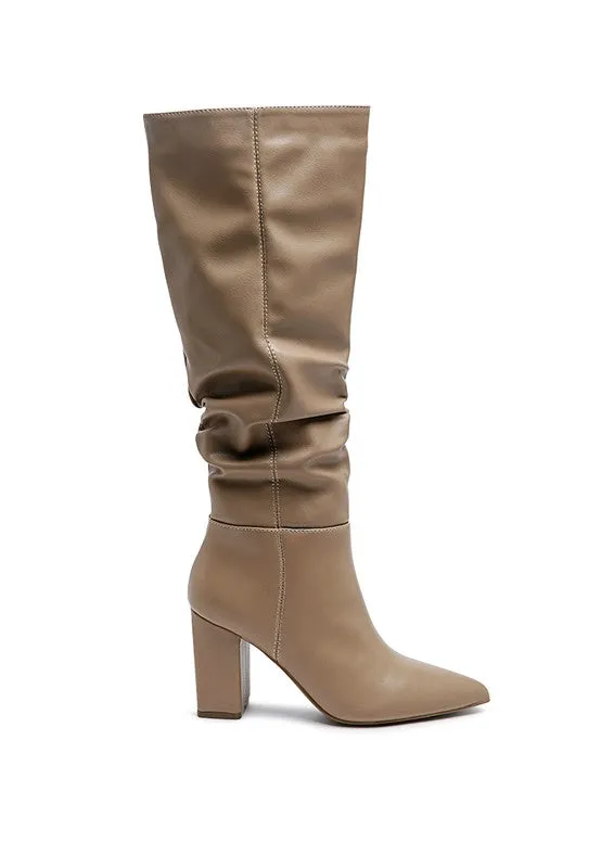 Hanoi Knee High Pointy Toe Block Heel Slouch Knee Boots