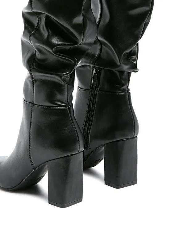 Hanoi Knee High Pointy Toe Block Heel Slouch Knee Boots