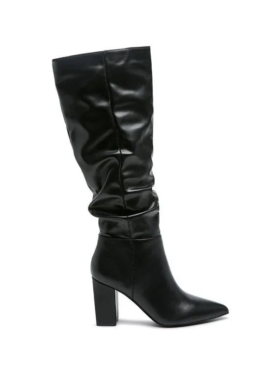 Hanoi Knee High Pointy Toe Block Heel Slouch Knee Boots