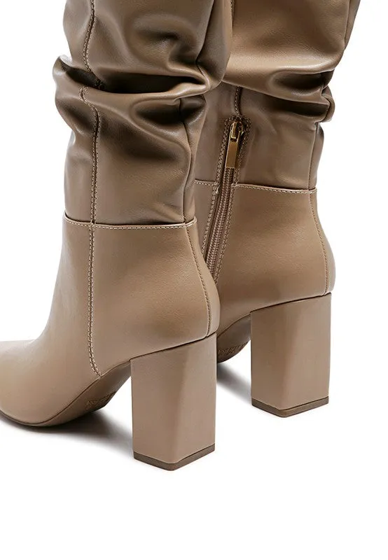 Hanoi Knee High Pointy Toe Block Heel Slouch Knee Boots