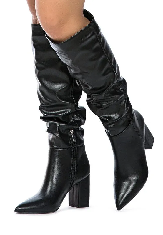 Hanoi Knee High Pointy Toe Block Heel Slouch Knee Boots