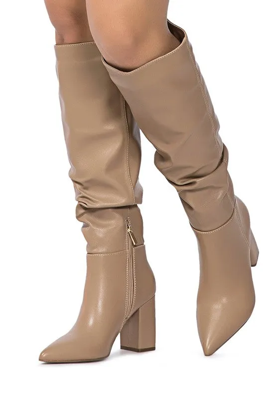 Hanoi Knee High Pointy Toe Block Heel Slouch Knee Boots