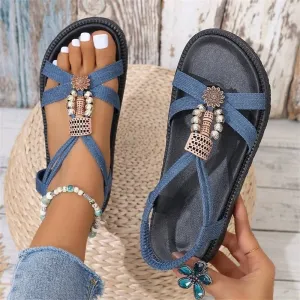 Ladies Trendy Ethnic Style Metal Beads Trim Sandals