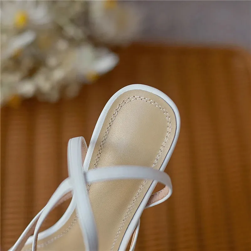 Meotina Sandals Shoes Women Genuine Leather Sandals Narrow Band High Heel Shoes Square Toe Thin Heel Ladies Footwear Summer 43