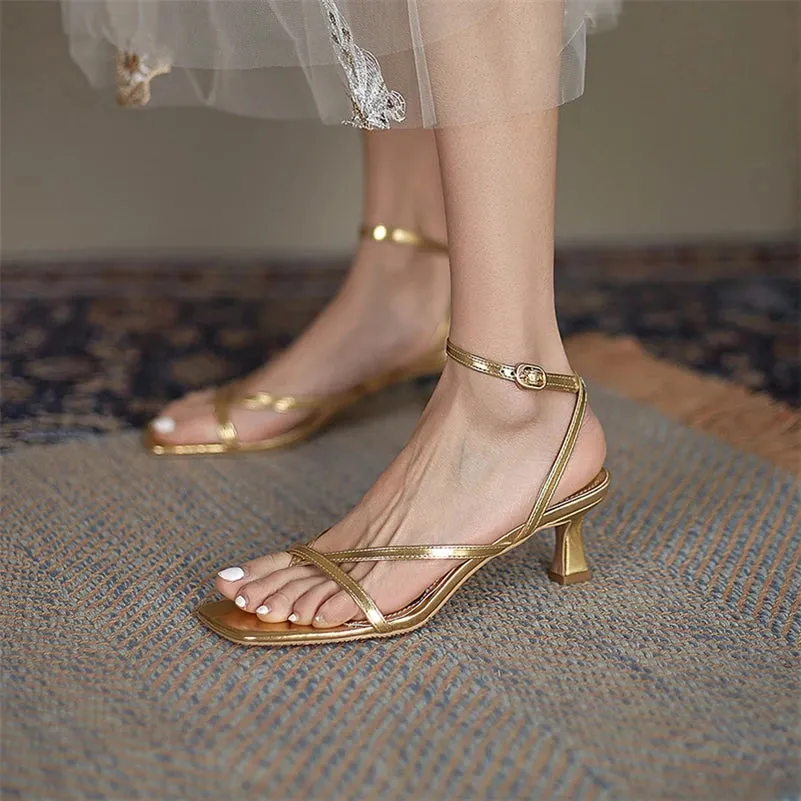 Meotina Sandals Shoes Women Genuine Leather Sandals Narrow Band High Heel Shoes Square Toe Thin Heel Ladies Footwear Summer 43