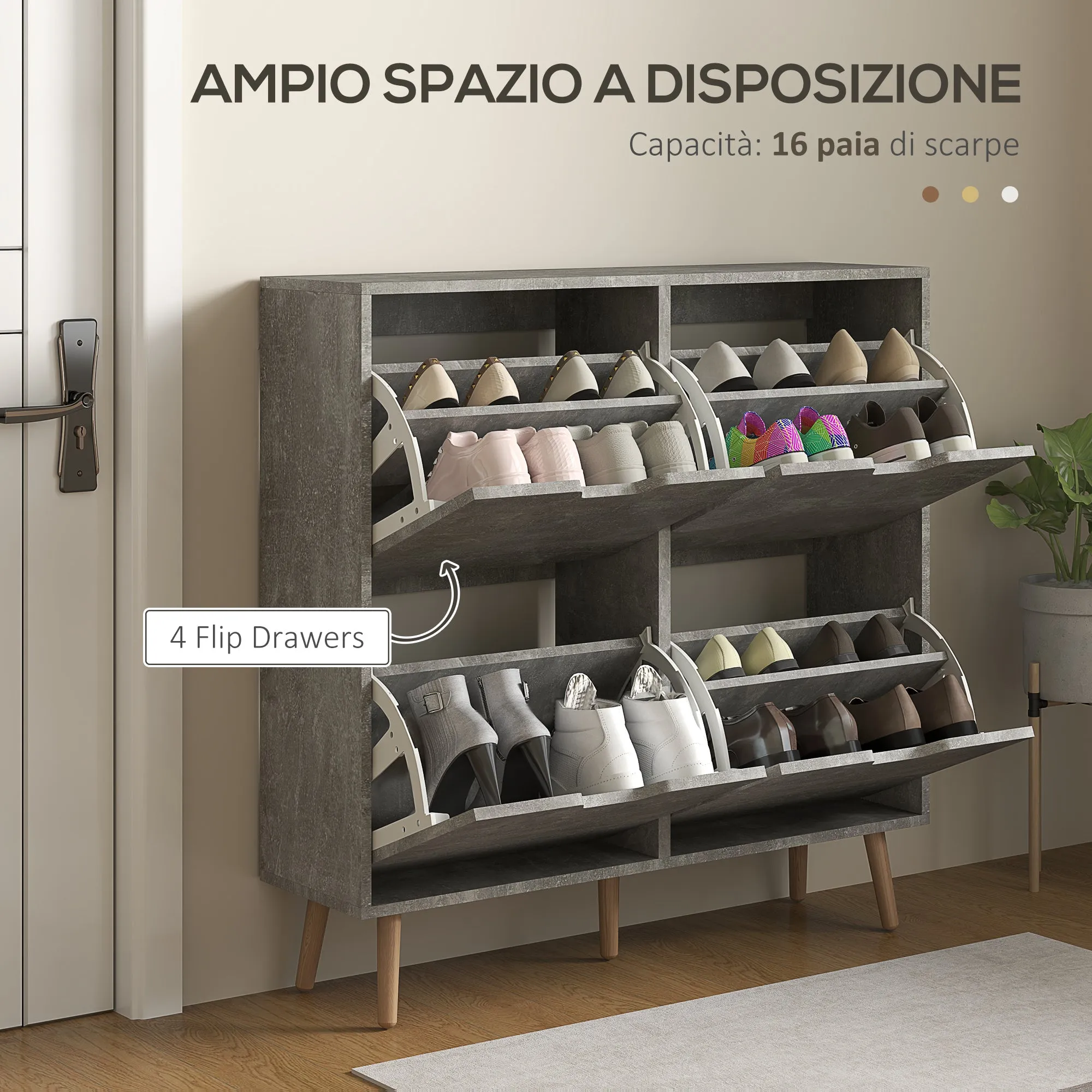 Mobile Shoe Rack with 4 Folding Drawers at 2 Levels for 16 Pairs, in Wood, 95x26x95 cm, Gray