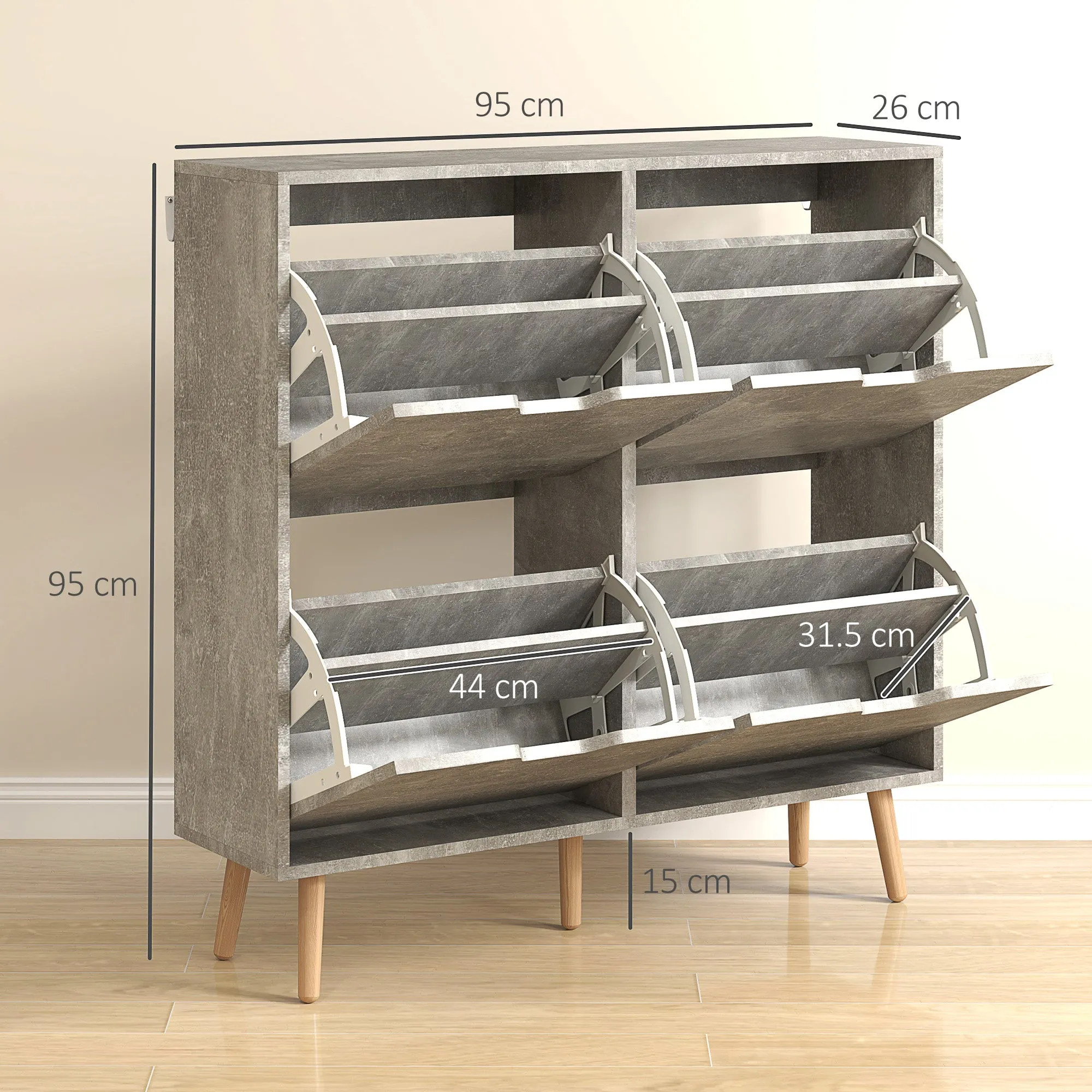 Mobile Shoe Rack with 4 Folding Drawers at 2 Levels for 16 Pairs, in Wood, 95x26x95 cm, Gray