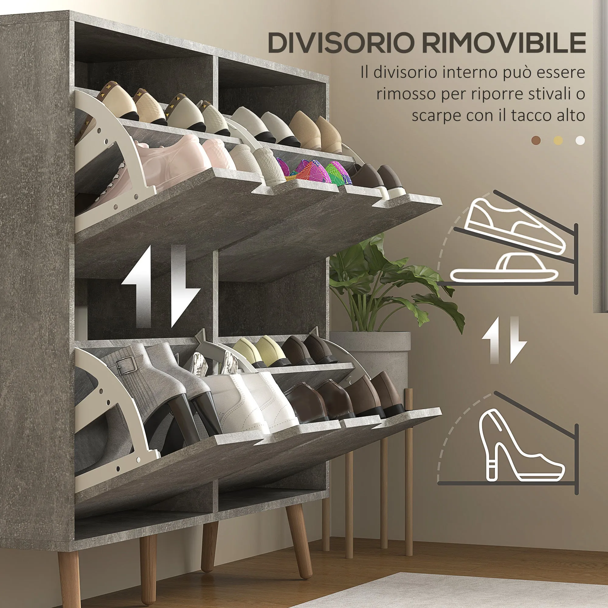 Mobile Shoe Rack with 4 Folding Drawers at 2 Levels for 16 Pairs, in Wood, 95x26x95 cm, Gray