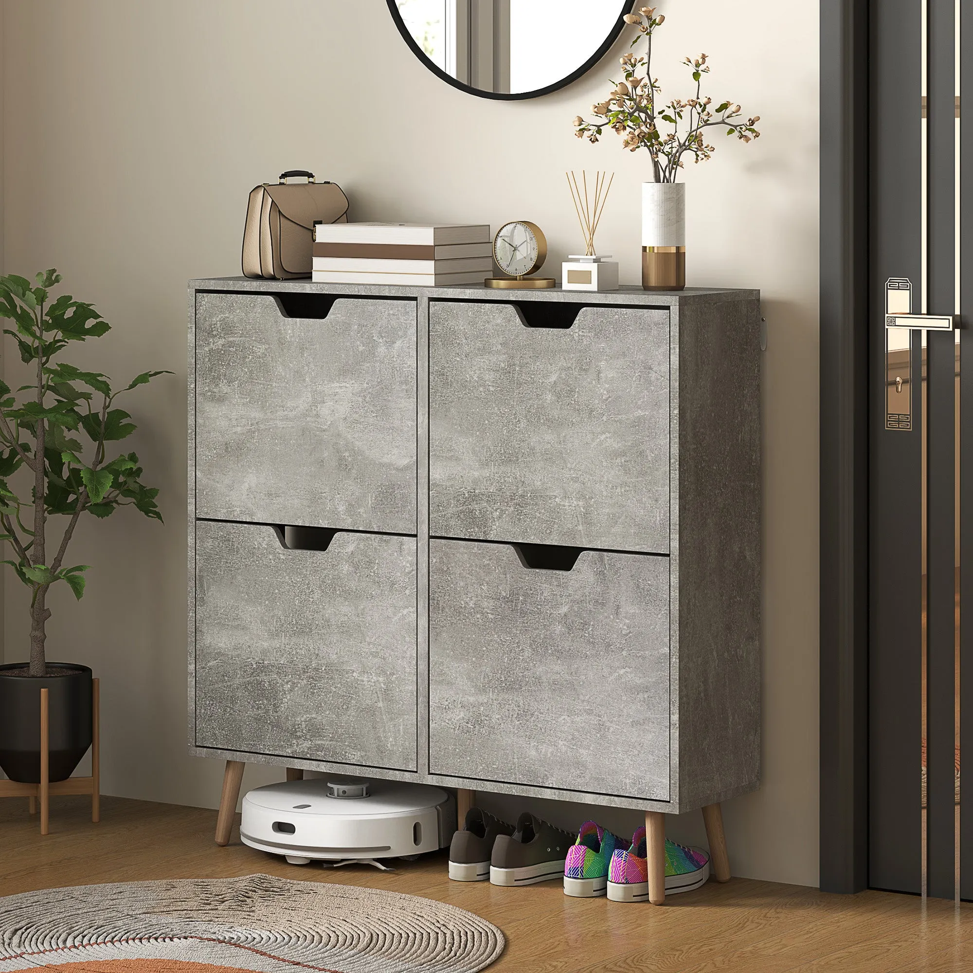 Mobile Shoe Rack with 4 Folding Drawers at 2 Levels for 16 Pairs, in Wood, 95x26x95 cm, Gray