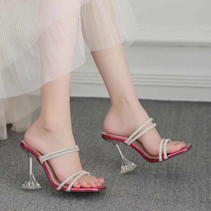 New Arrival Square Toe Rhinestone Clear Glass High Heel Plus Size Slides Sandals