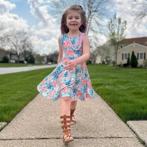 Pink and Blue Floral Sleeveless Twirl Dress