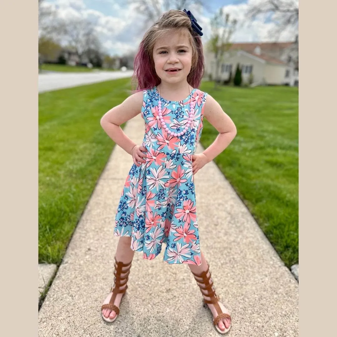 Pink and Blue Floral Sleeveless Twirl Dress