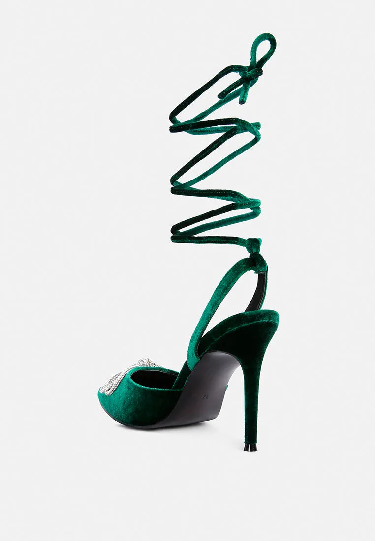 Rhinestone embellished lace up pumps
