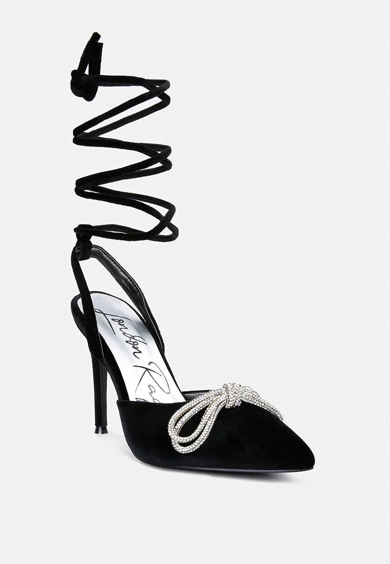 Rhinestone embellished lace up pumps
