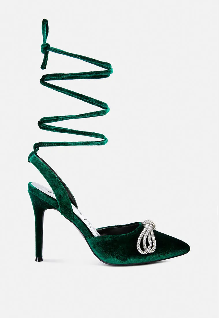 Rhinestone embellished lace up pumps