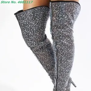 Sexy Women's Over The Knee High Heel Pointed Toe Boots With Solid Crystal Embellishments