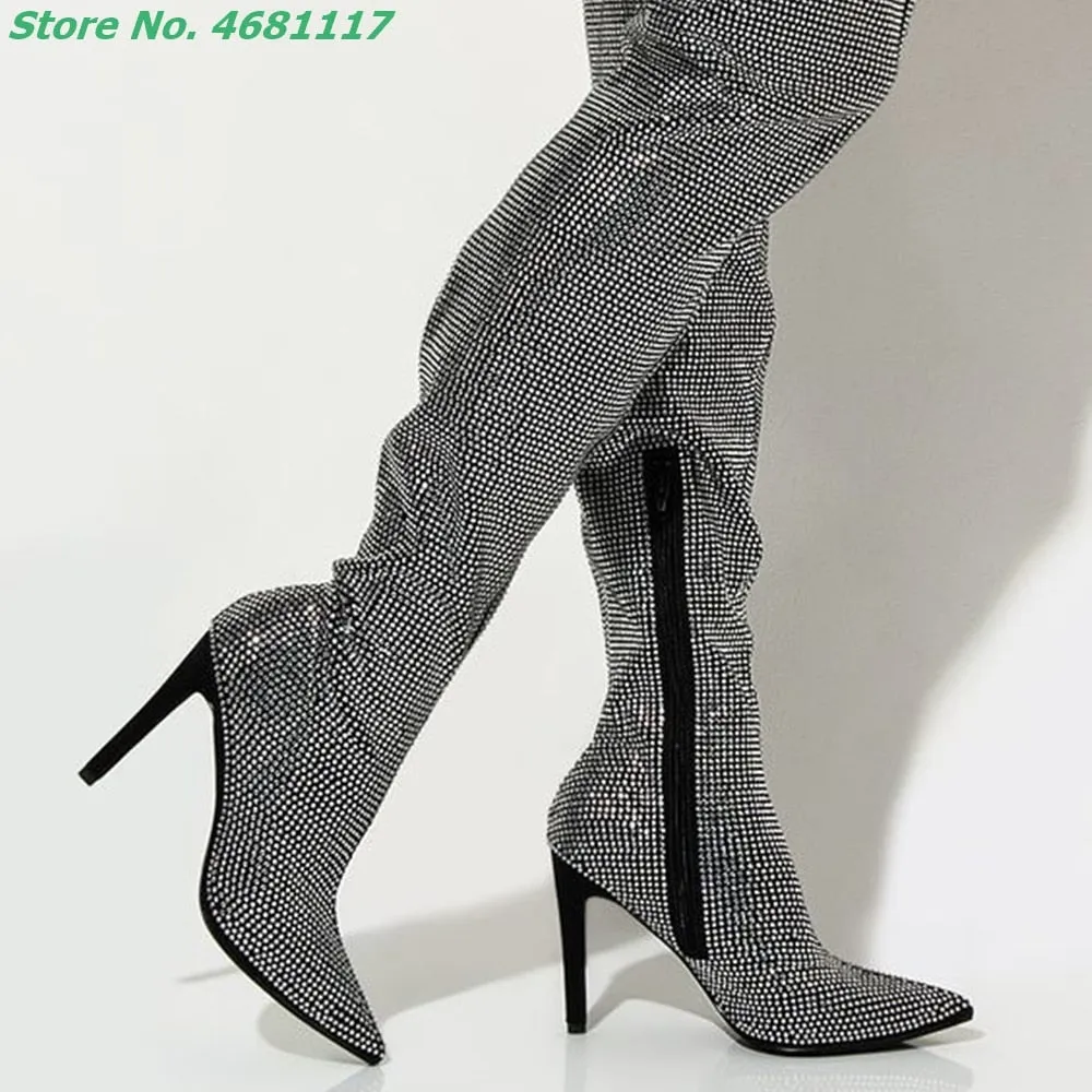 Sexy Women's Over The Knee High Heel Pointed Toe Boots With Solid Crystal Embellishments