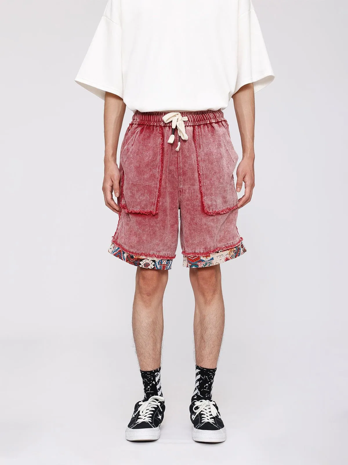 WLS Tribe Culture Pattern Denim Washed Shorts